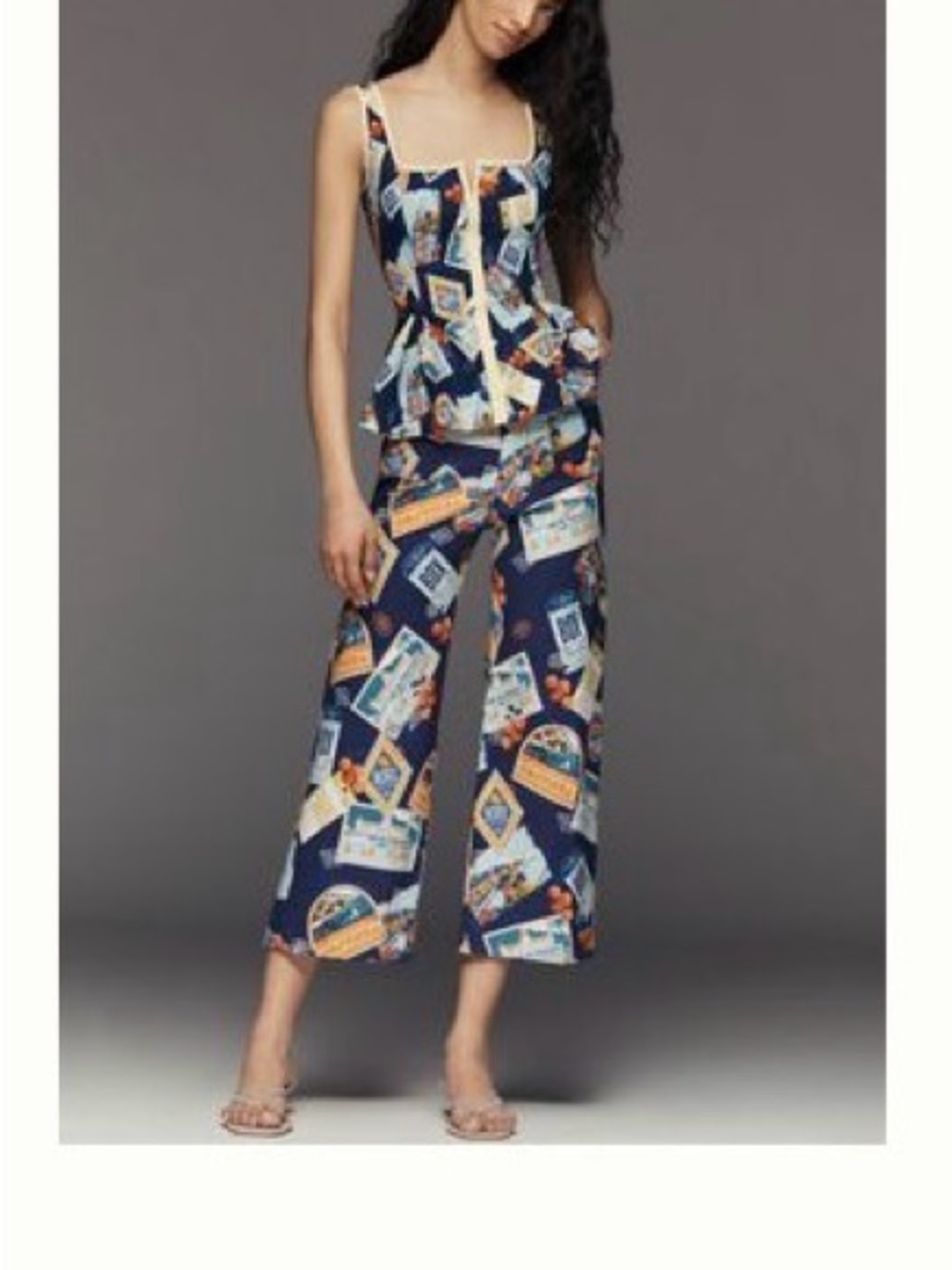 Maeve Navy Travel-Postcard Print Pants with Orange and Yellow Accents
